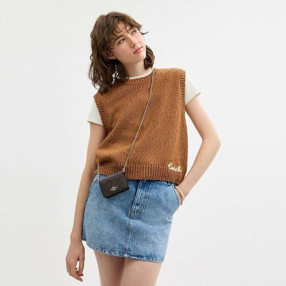 Coach Mini Wallet On A Chain In Signature Canvas Brown/Black Leather CZ278 NWT